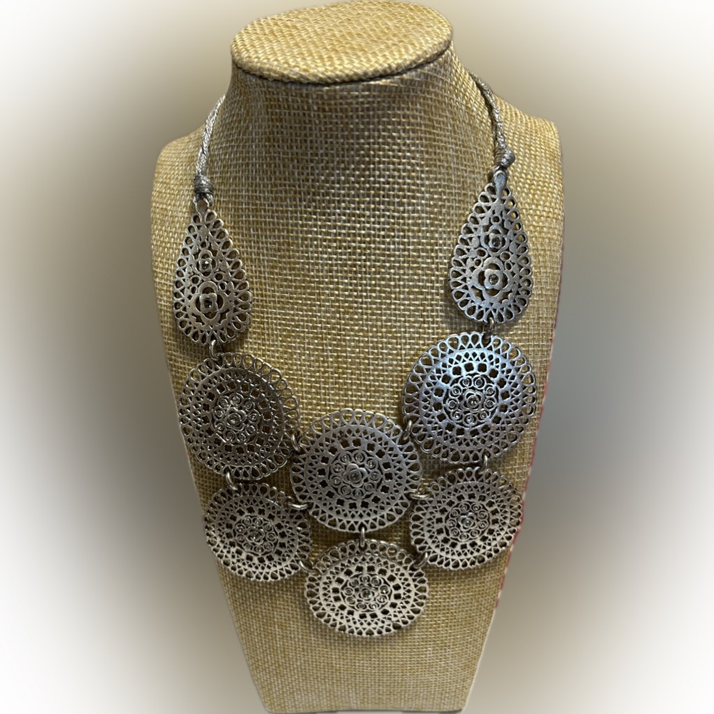 Stella & Dot Medina Silver Tone Medallion Cluster Crystal Bib Necklace